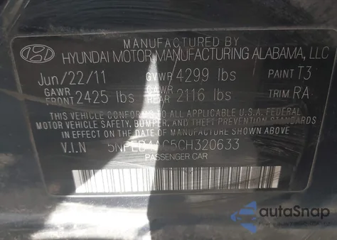 2012 Hyundai Sonata Gls z USA, uszkodzony, nr VIN 5NPEB4AC5CH320633